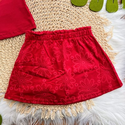 Conj. Blusa "Today is a Good Day" e Short Saia em Lese Floral - Vermelho